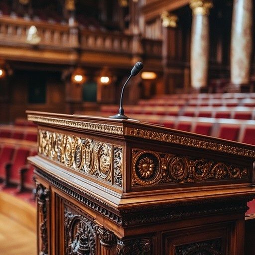 Geventileerde katheder met zwanenhalsmicrofoon in een plenaire zaal