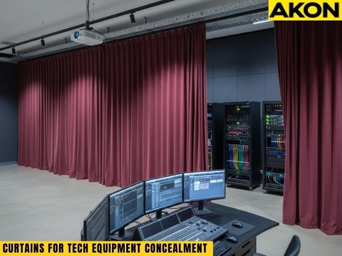 AV-regie met monitors, apparatuurkasten en afschermende gordijnen